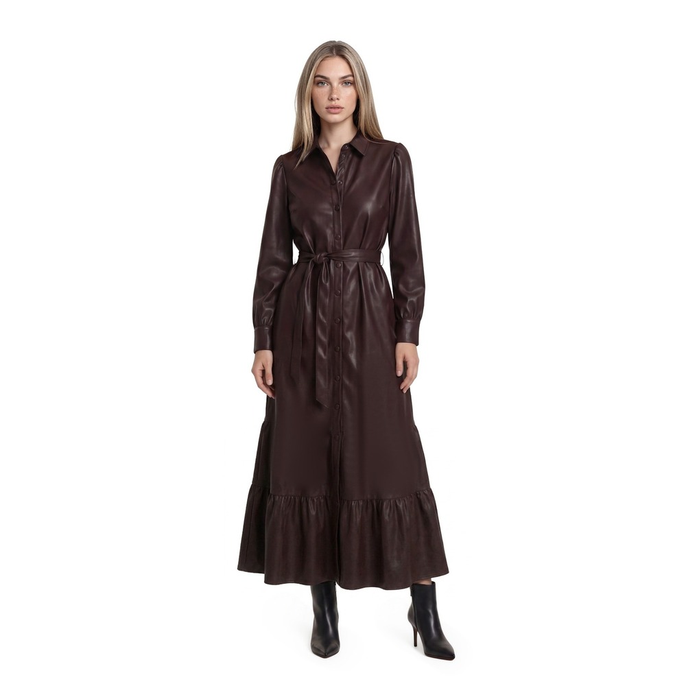 Evereve‎ Faux Leather Midi Dress Women's Size Medium Burgundy  Belted Fit Flare